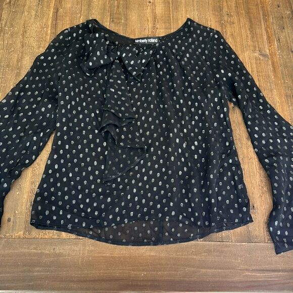 black blouse, long sleeve, metallic, polka dots, bow, feminine, silk, holiday - Picture 1 of 5